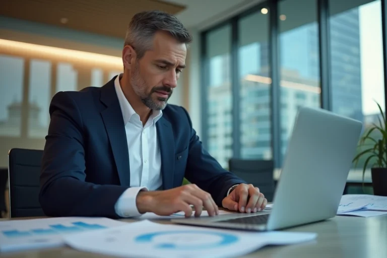 Homme d'affaires en blazer analysant des graphiques dans un bureau moderne