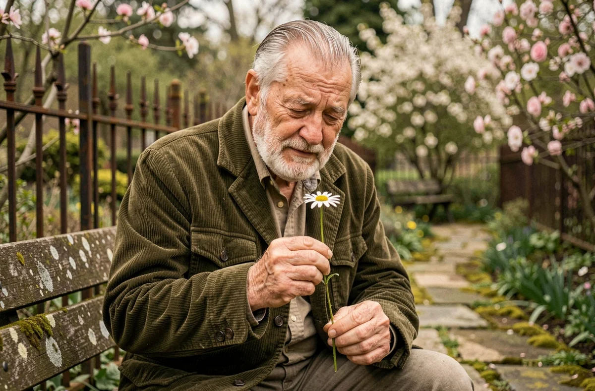 Vieil homme contemplant une fleur sauvage dans un jardin botanique, réflexion sur la beauté naturelle et la sagesse