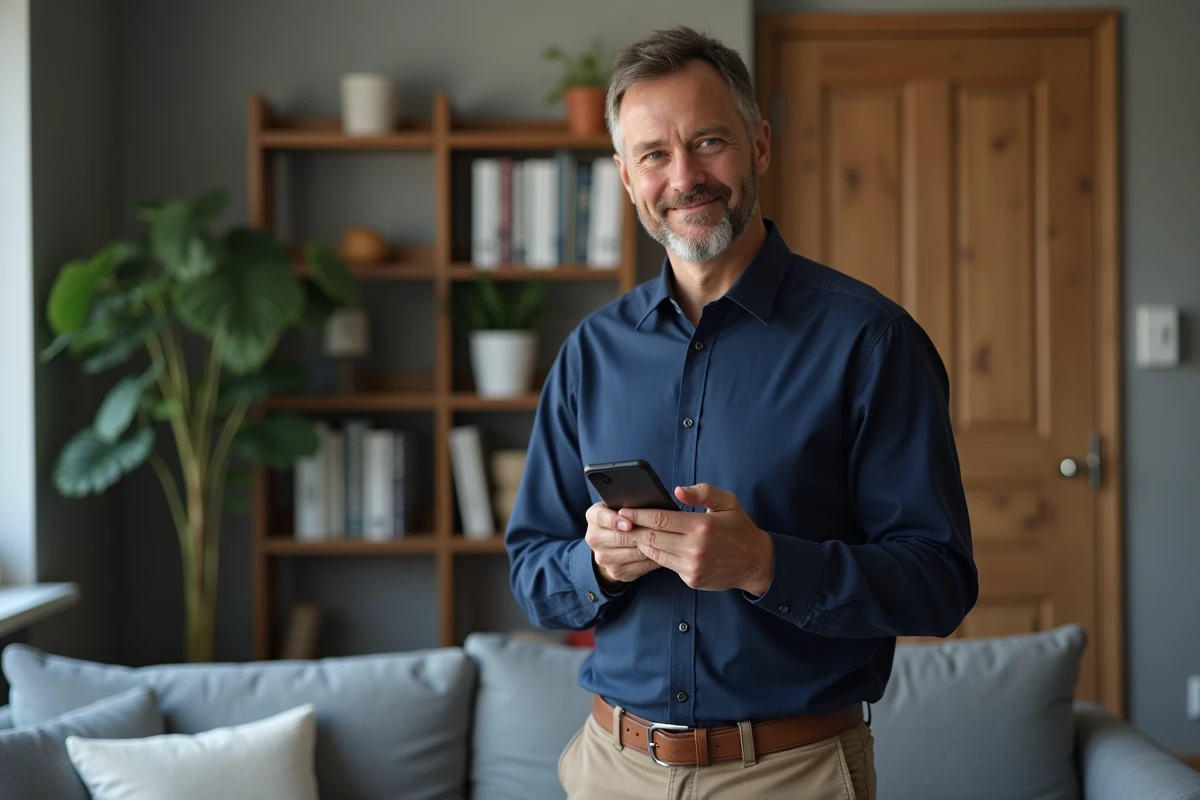 Homme souscrivant une assurance depuis son smartphone dans un salon moderne