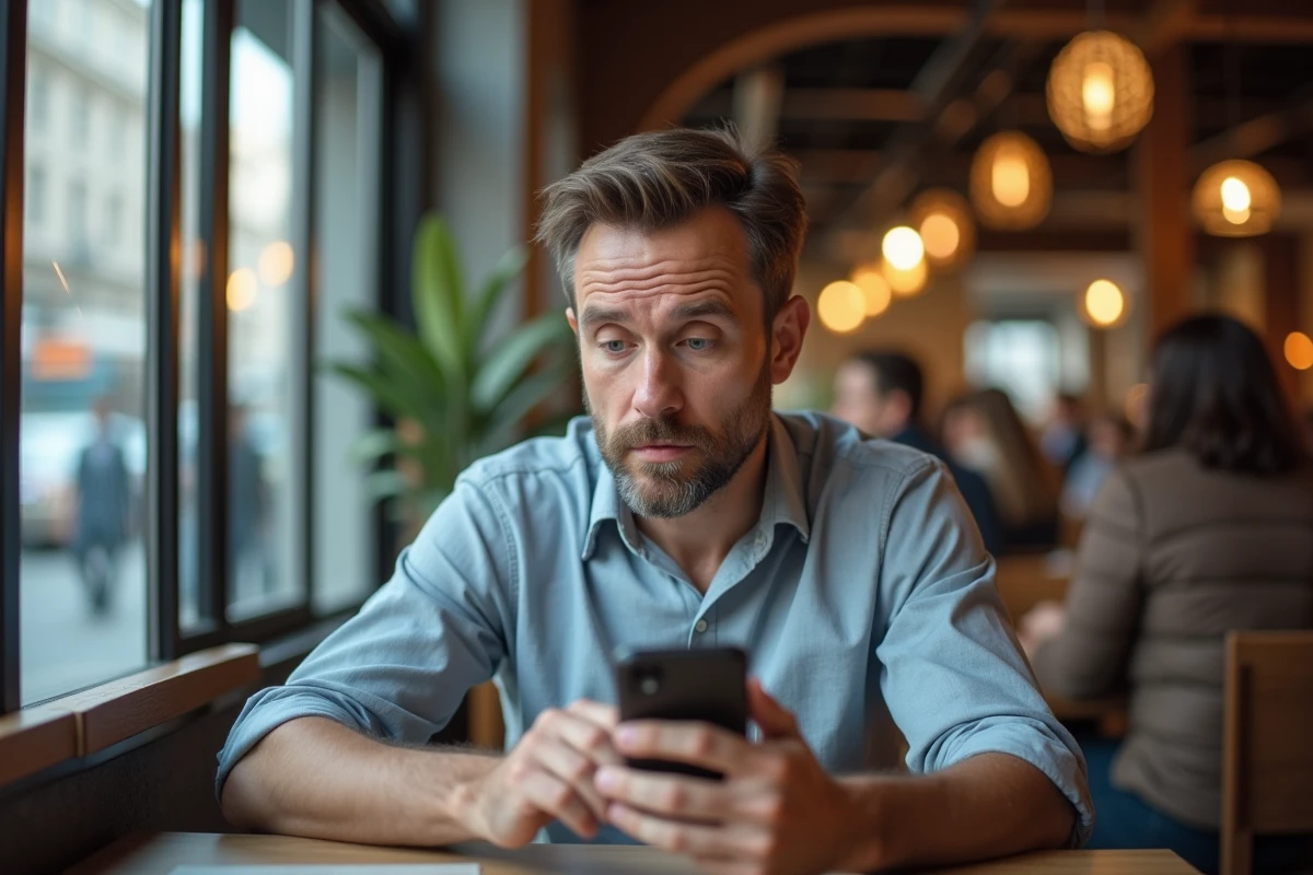 Homme surpris utilisant son smartphone dans un café animé