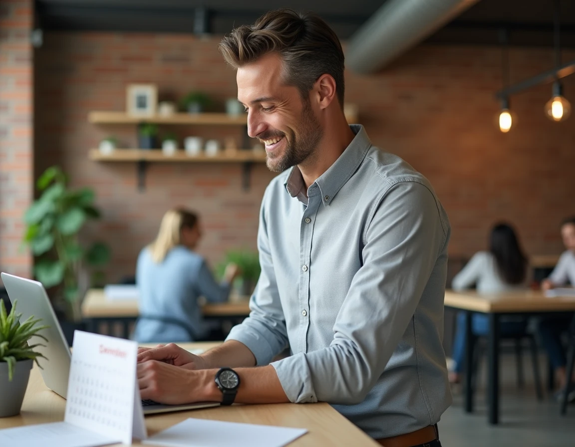 Homme en chemise grise travaillant debout dans un espace de coworking moderne, symbolisant l'équilibre entre vie professionnelle et personnelle