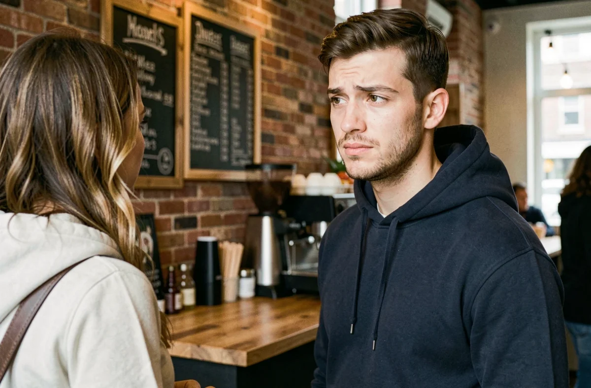 Jeune homme détournant le regard dans un café, comportement de timidité ou d'évitement illustrant les dynamiques de communication masculine