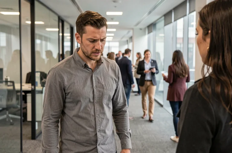 Homme évitant le regard d'une femme dans un couloir de bureau, illustrant un comportement masculin de fuite visuelle