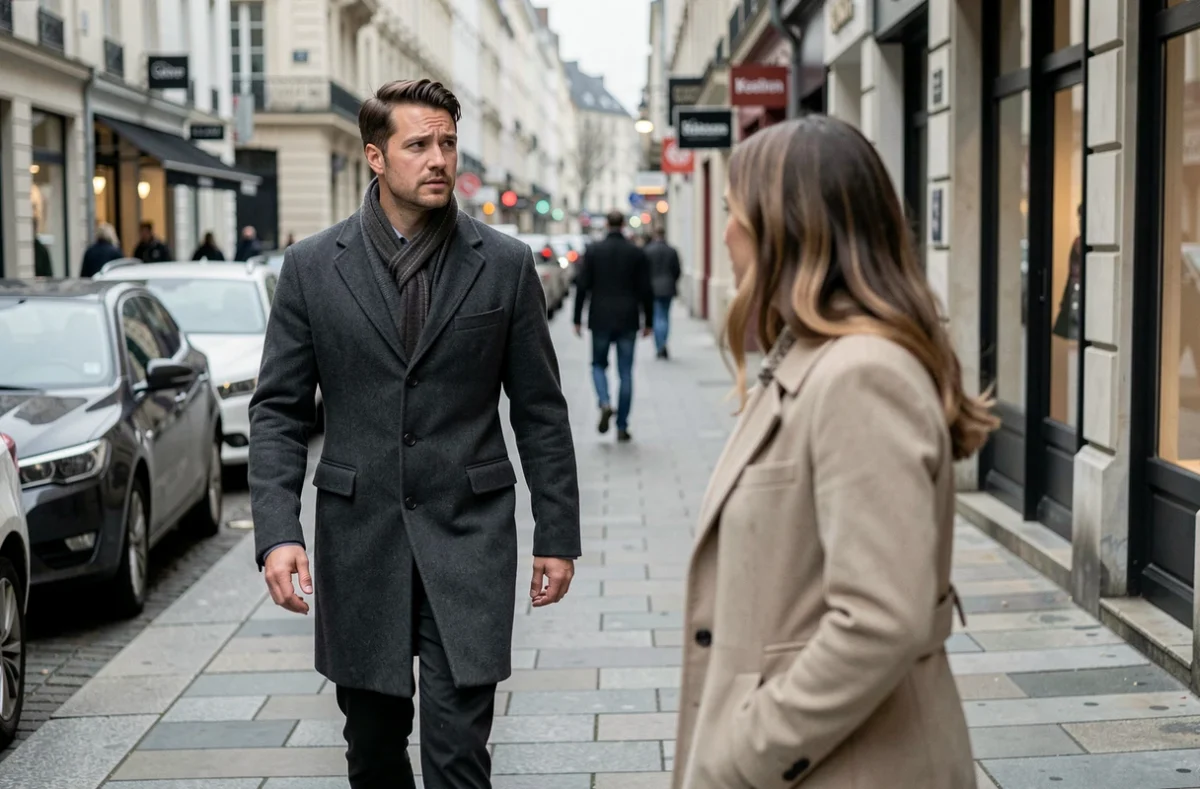 Homme évitant le regard d'une femme dans la rue, scène urbaine illustrant l'évitement visuel et les comportements masculins en société