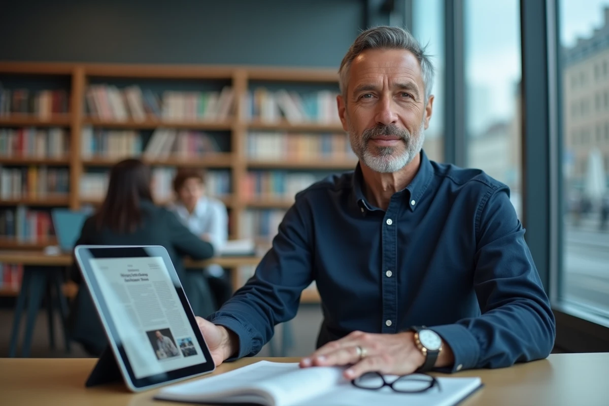 Homme lisant un magazine numérique sur tablette dans une bibliothèque publique moderne