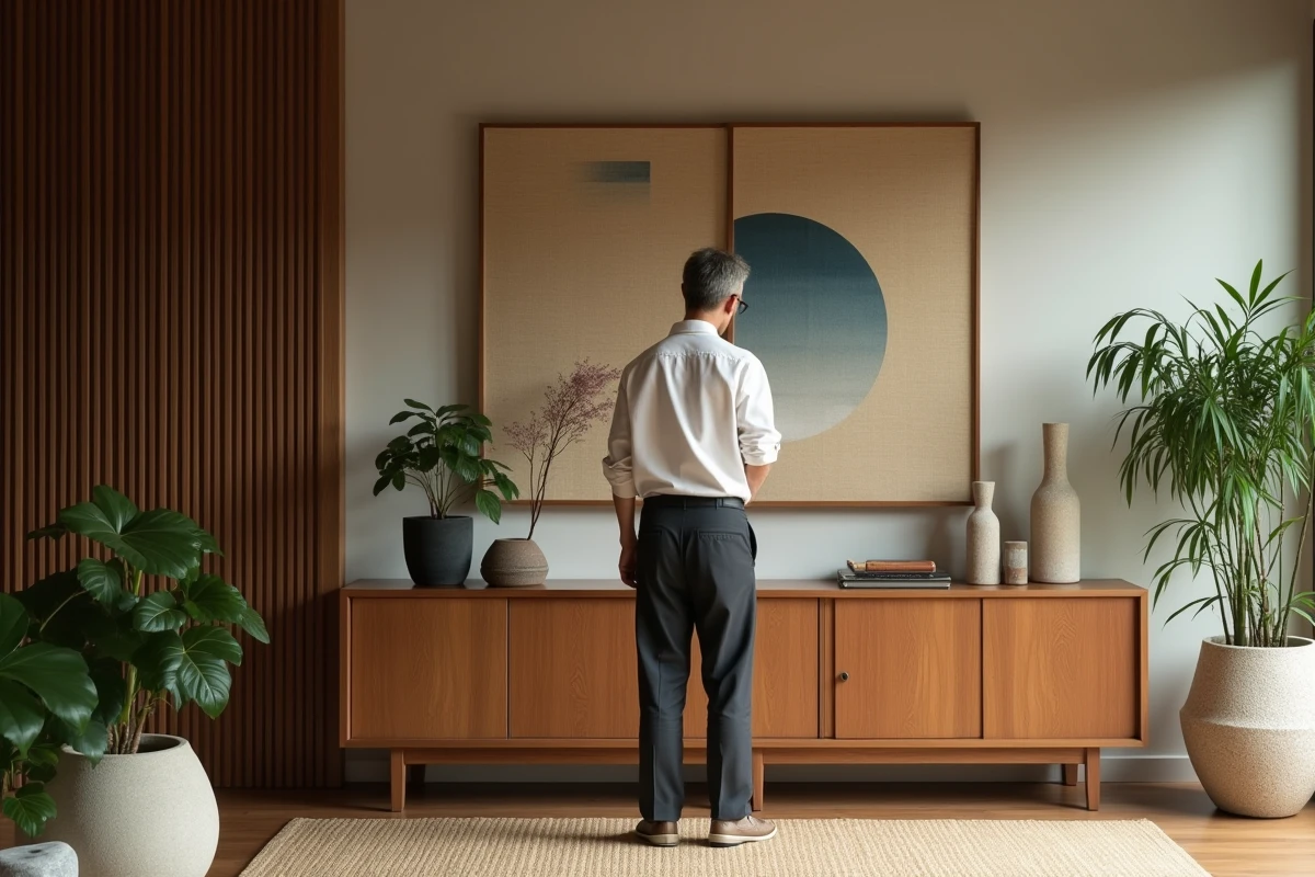 Homme examinant un meuble japonais en bois dans un salon moderne