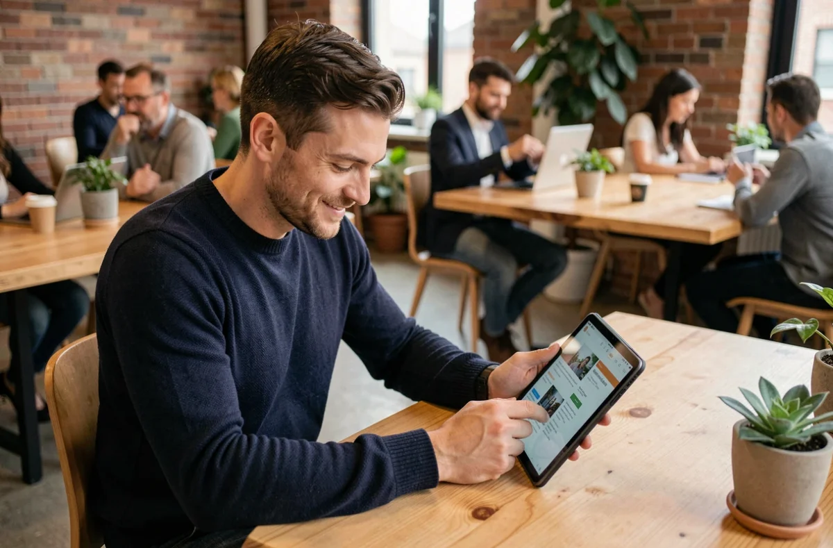 Jeune homme consultant des offres d'emploi sur une tablette dans un espace de coworking moderne