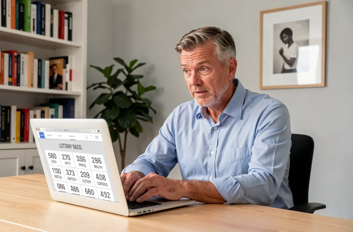 Homme consultant les résultats EuroMillions sur un ordinateur portable dans un bureau à domicile