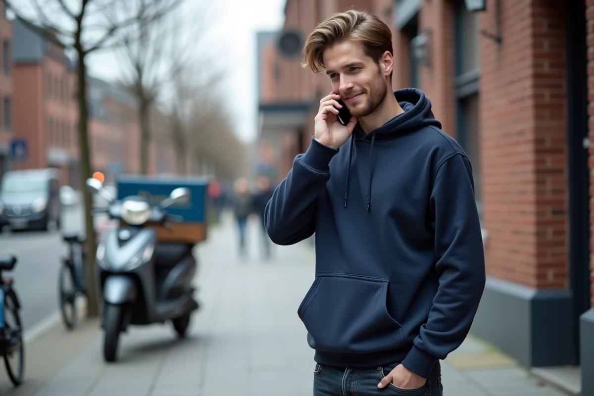 Homme en ville contactant le service client Uber Eats par téléphone avec un scooter de livraison en arrière-plan