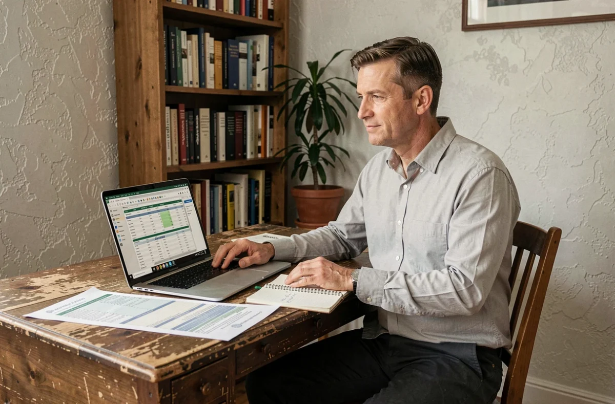 Homme étudiant une stratégie de rentabilité immobilière sur ordinateur portable dans un bureau à domicile pour optimiser son investissement en 2024