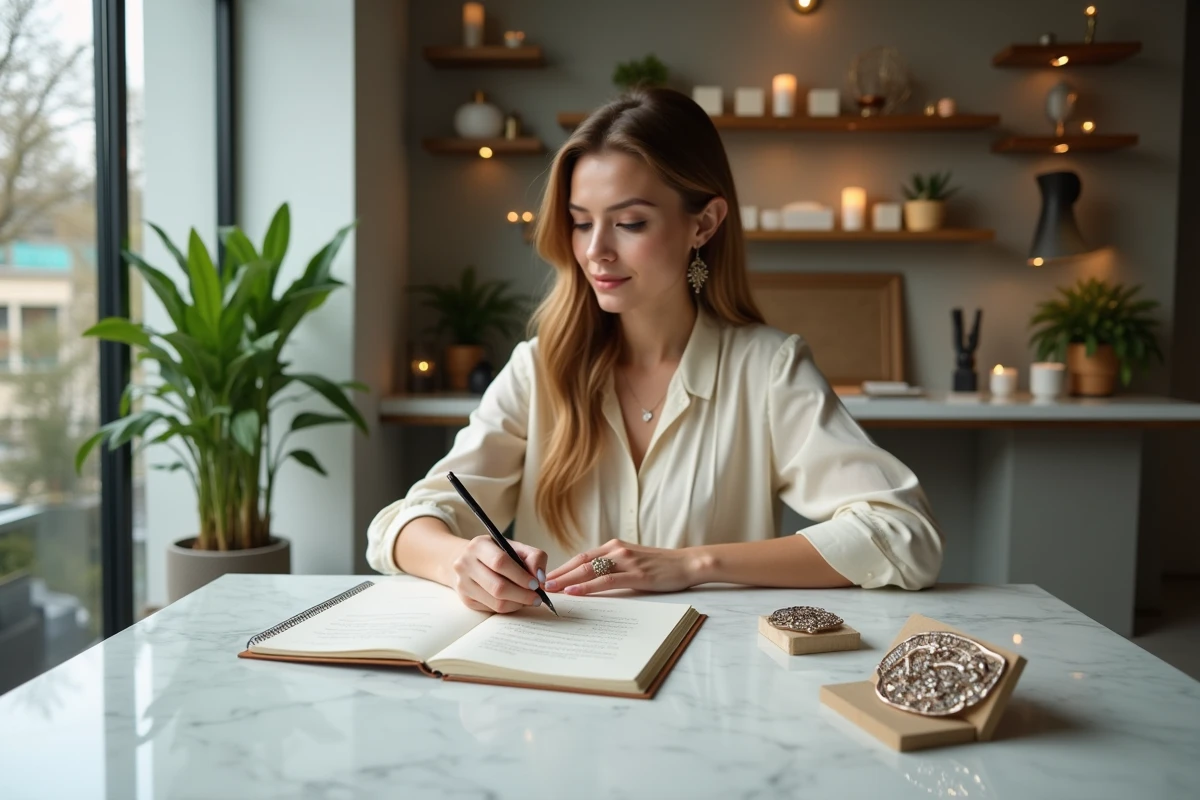Jeune créatrice de bijoux esquissant une broche Art Deco