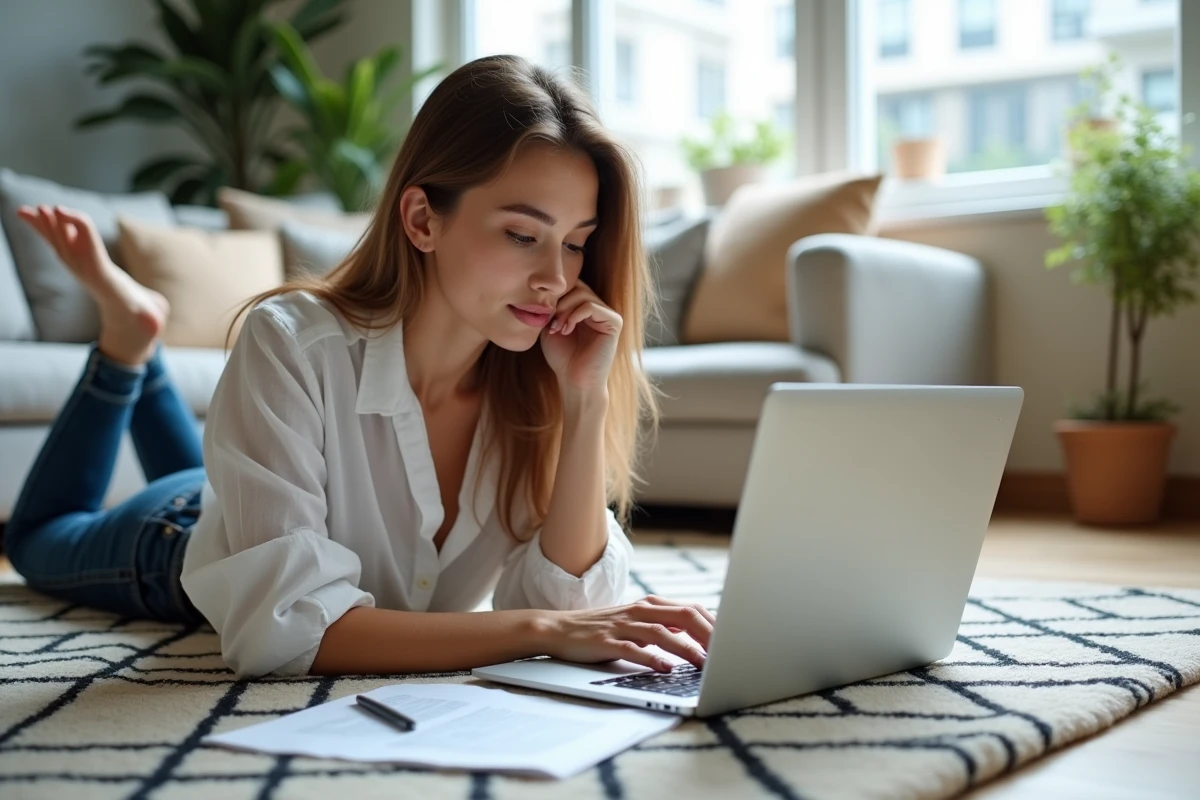 Jeune femme parcourant des magazines PDF gratuits sur son ordinateur portable installée sur le sol de son appartement