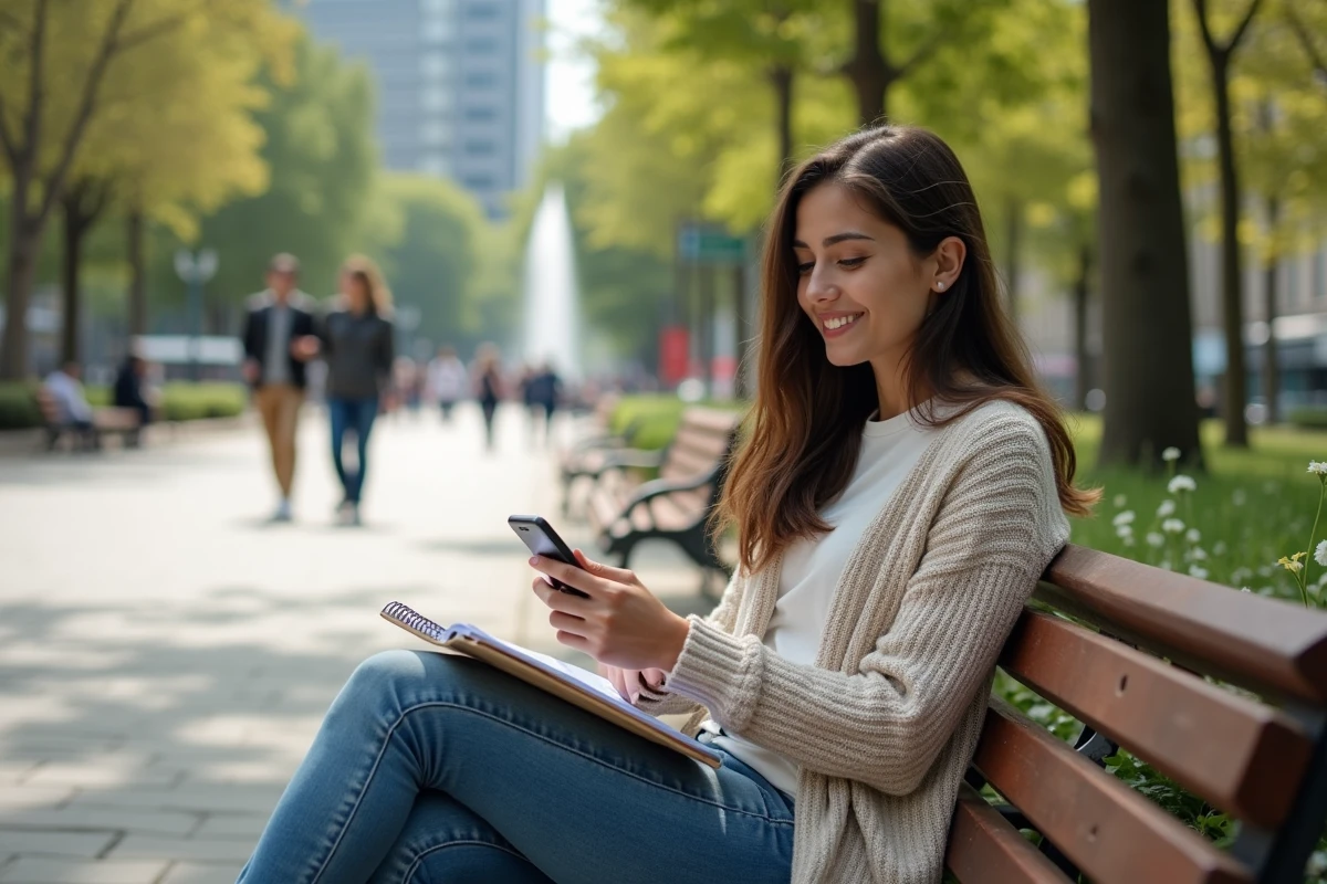 Jeune femme souriante utilisant son smartphone dans un parc urbain