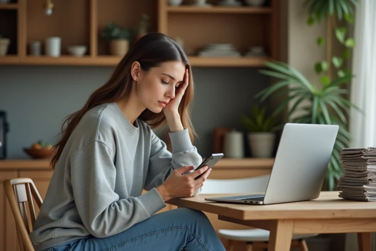 Jeune femme lisant son smartphone dans un appartement cosy