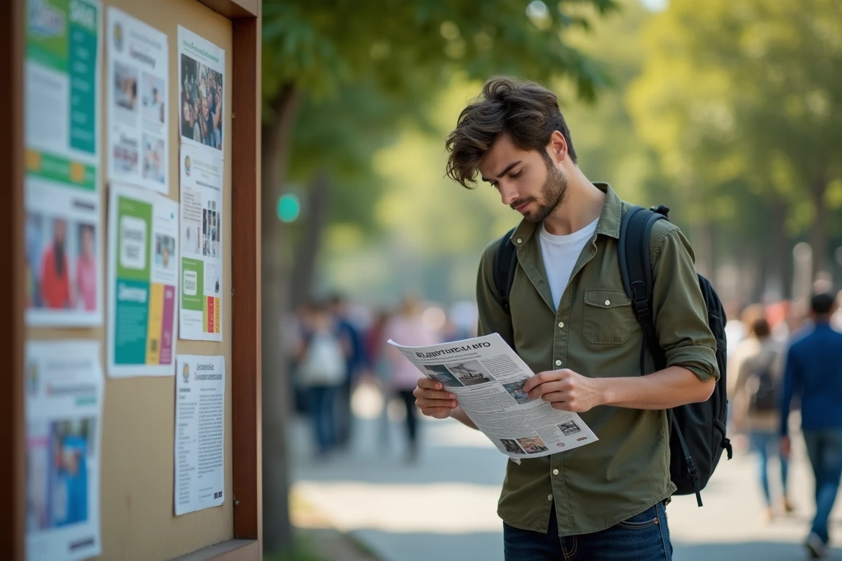 Jeune homme lisant une newsletter dans un parc urbain