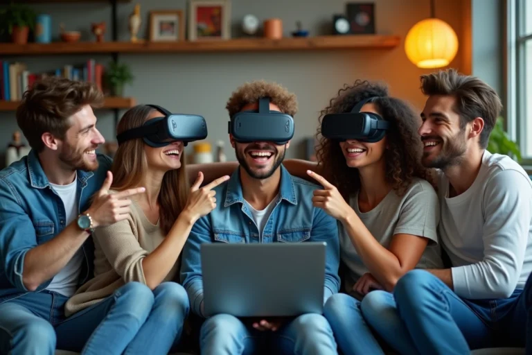 Jeunes adultes avec casque de realite augmentee dans un salon moderne