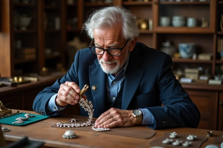 Joaillier âgé examinant un collier en diamant avec loupe