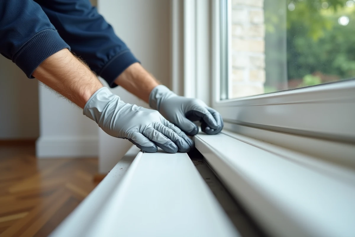 Homme posant un joint de fenêtre adhésif pour supprimer les courants d'air
