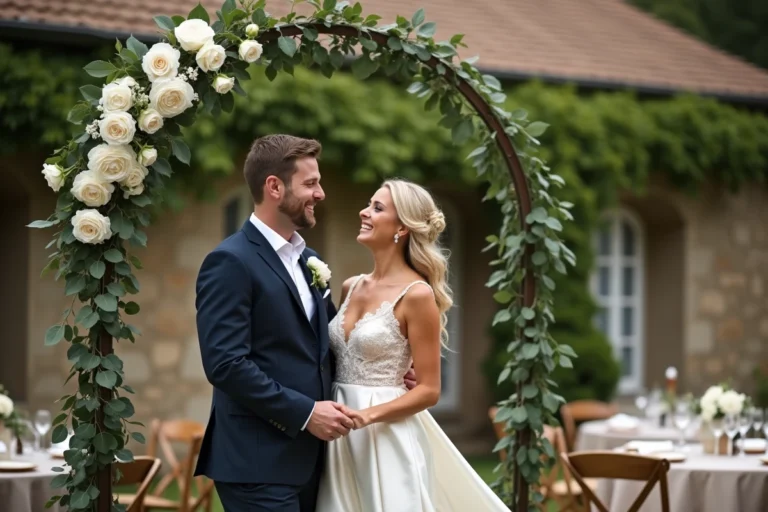 Couple élégant lors d'une réception de mariage en jardin champêtre français, femme en robe ivoire et homme en costume marine