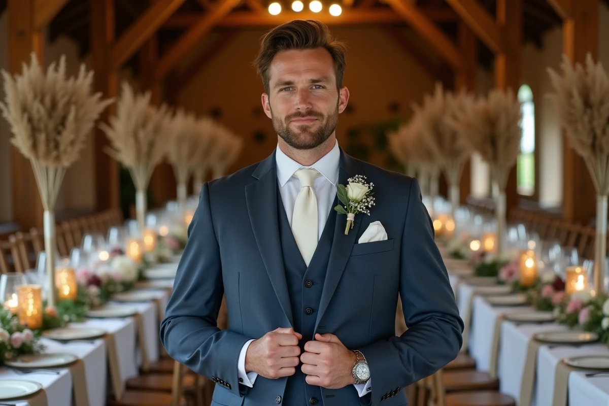 Marié en costume bleu ardoise ajustant sa boutonnière dans une grange rustique décorée pour un mariage bohème luxueux en 2024