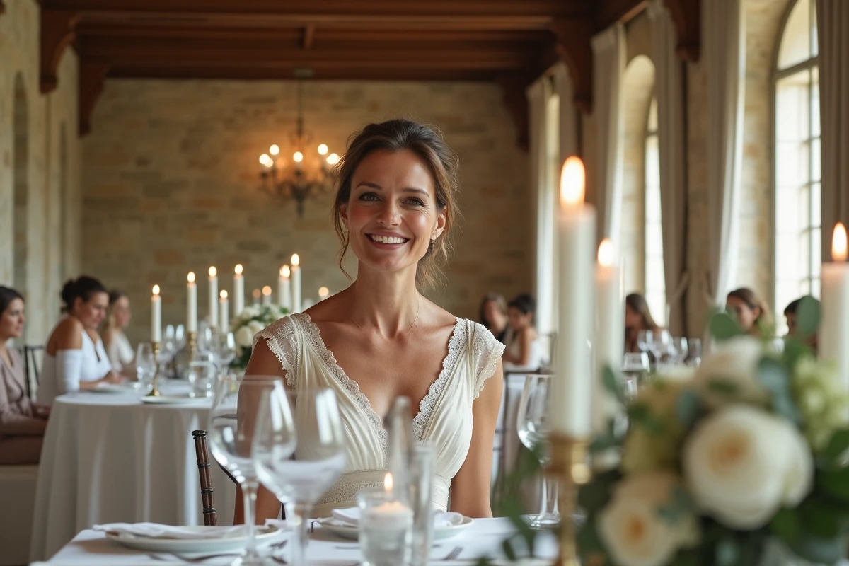 Femme en tenue de mariée assise à une table décorée dans un château français lors d'une réception de mariage élégante
