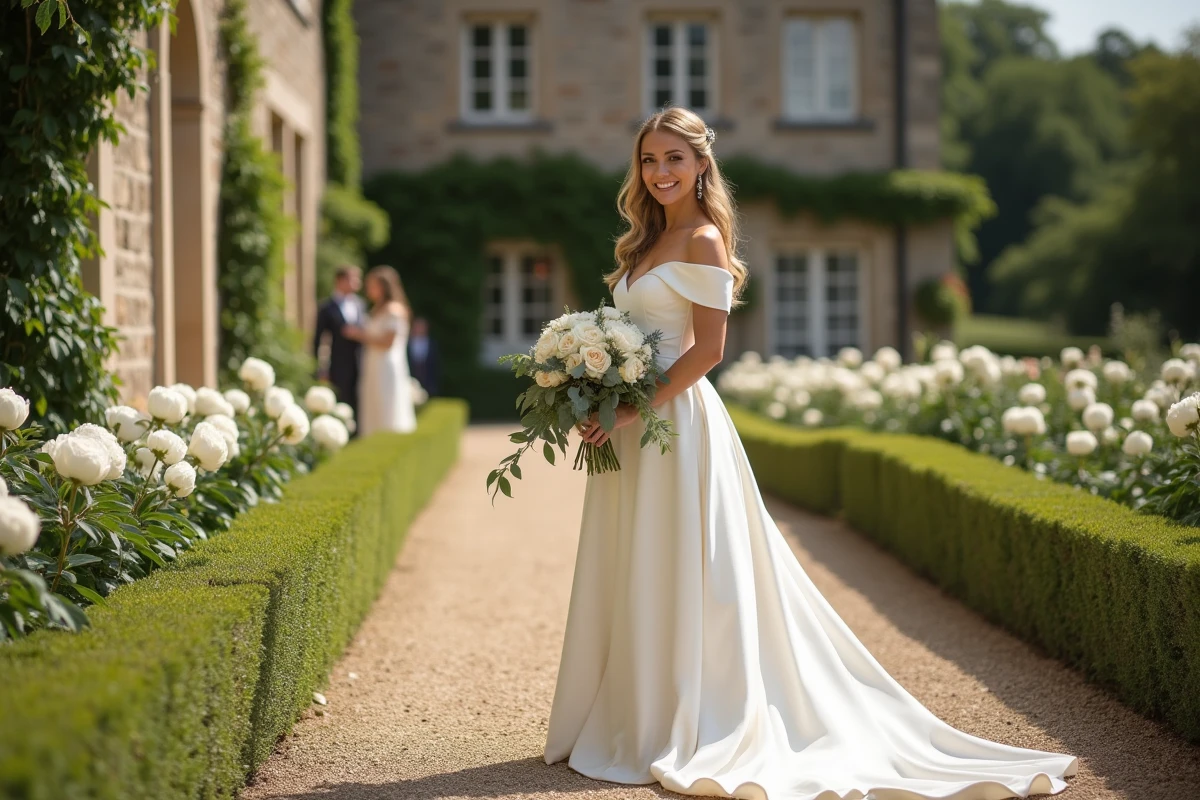 Mariée en robe de satin ivoire tenant un bouquet de pivoines blanches dans un jardin de château français lors d'une cérémonie de mariage en 2024