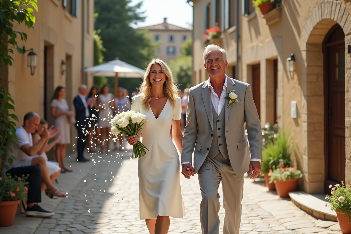 Couple de mariés marchant dans une rue pavée d'un village français entourés de confettis et d'invités souriants