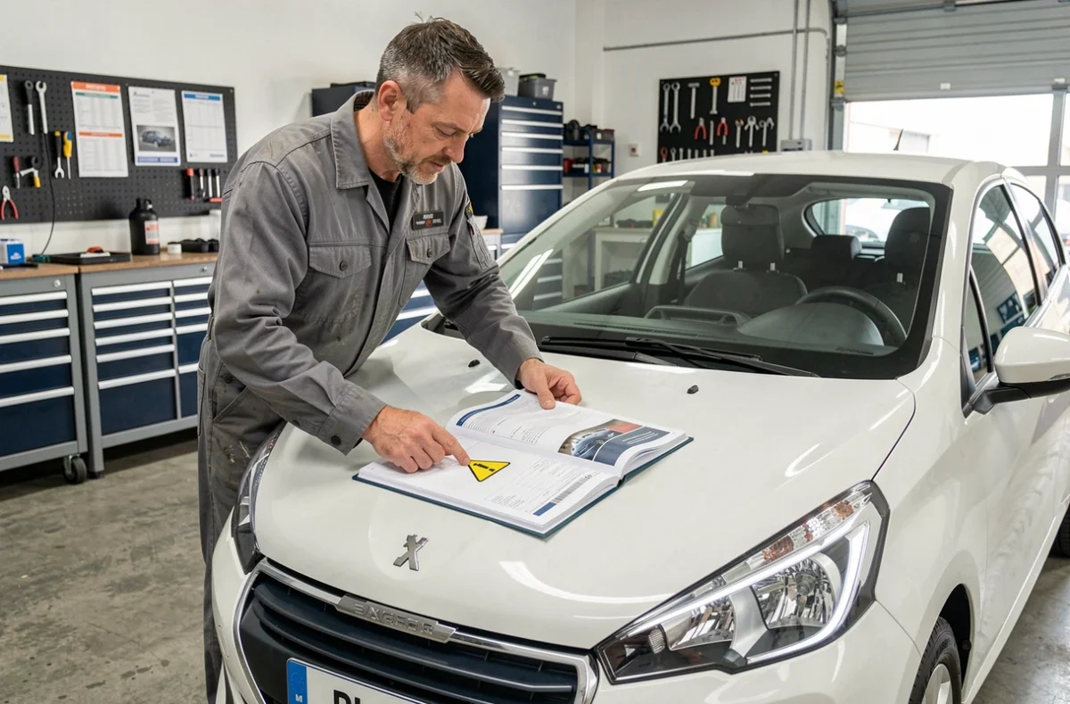 Mécanicien consultant un guide de diagnostic des voyants de tableau de bord devant une Peugeot 208 blanche en atelier