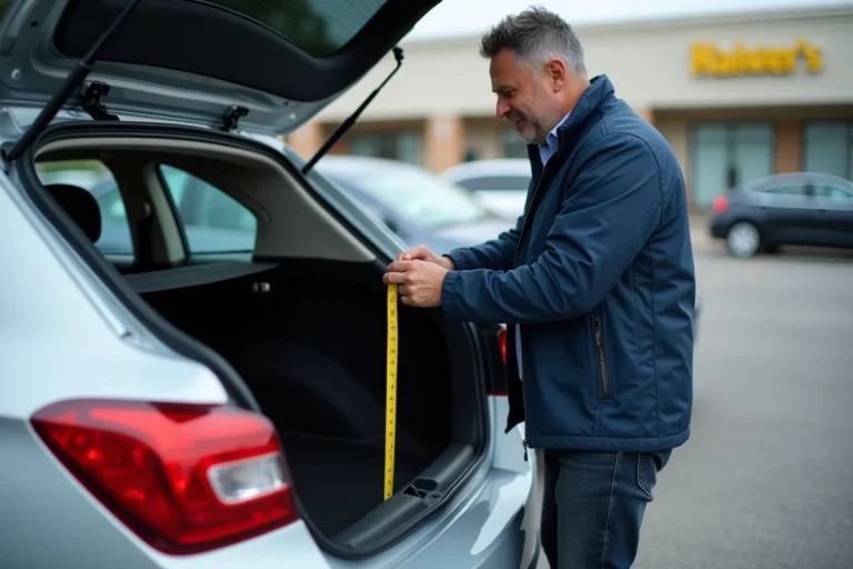 Homme mesurant la taille du coffre d'une berline avec un mètre ruban dans un parking, geste pratique avant achat automobile