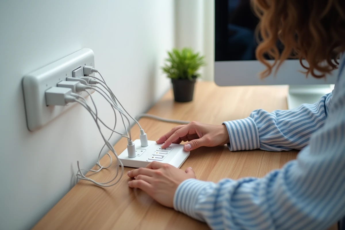 Femme éteignant une multiprise à interrupteur individuel pour couper les veilles électriques
