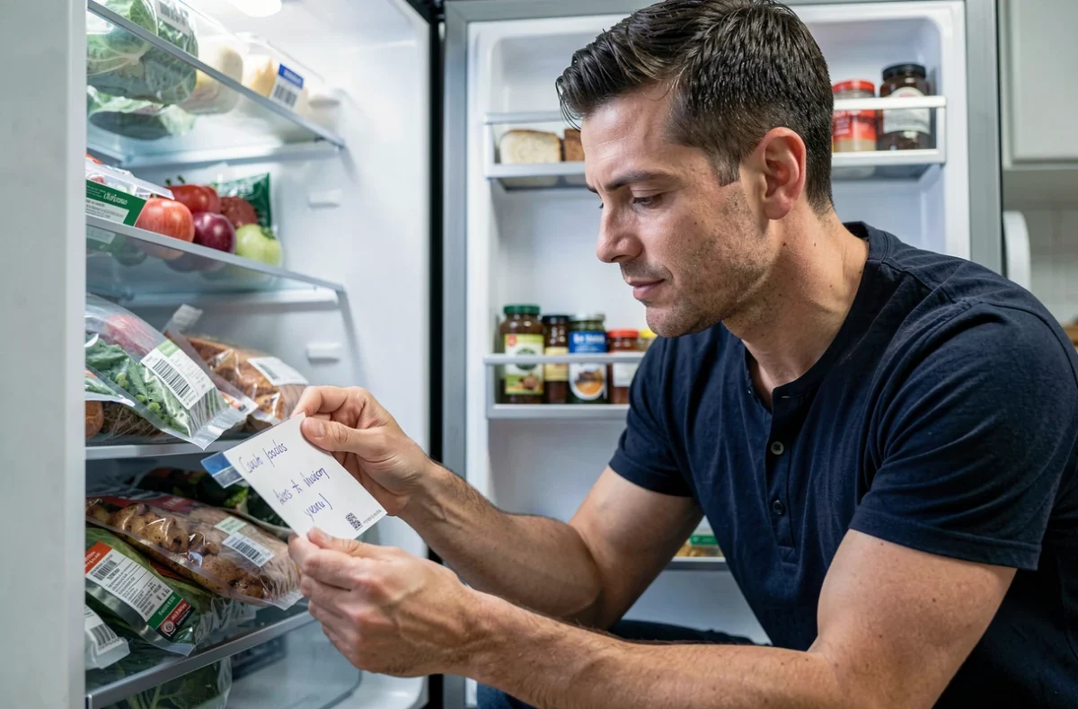 Homme organisant des sacs sous vide dans un réfrigérateur pour optimiser la conservation des aliments