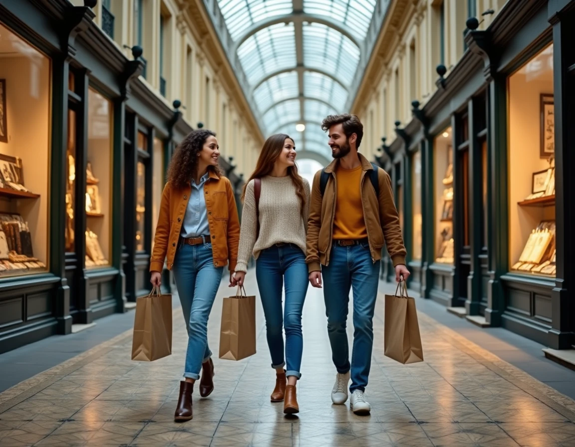 Groupe d'amis se promenant dans le Passage des Panoramas à Paris avec ses boutiques vintage et son architecture en verre