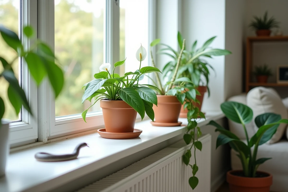 Plantes d'intérieur variées disposées dans un salon pour réguler l'humidité
