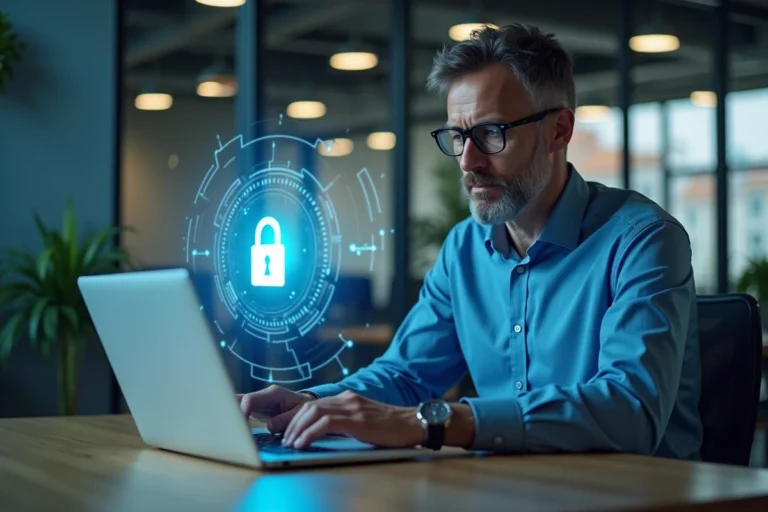 Homme IT concentré avec hologramme de verrou digital