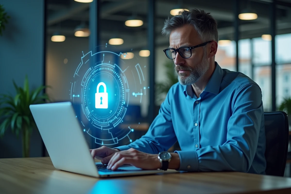 Homme IT concentré avec hologramme de verrou digital