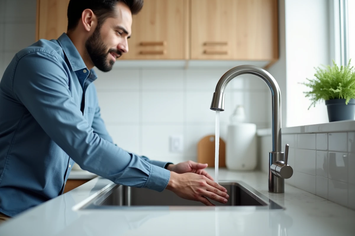 Robinetterie à économie d'eau avec aérateur installée dans une cuisine moderne