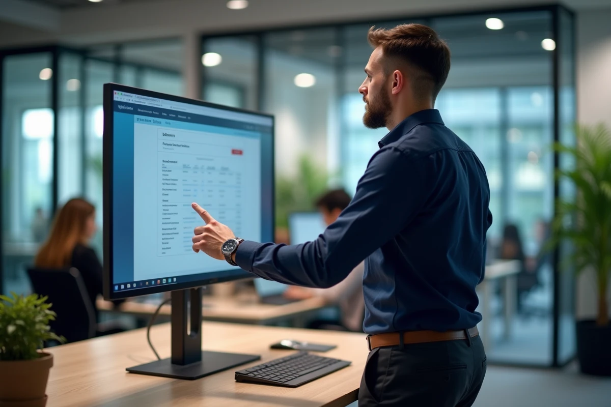 Homme consultant un portail de services numériques sur un grand écran dans un bureau professionnel moderne