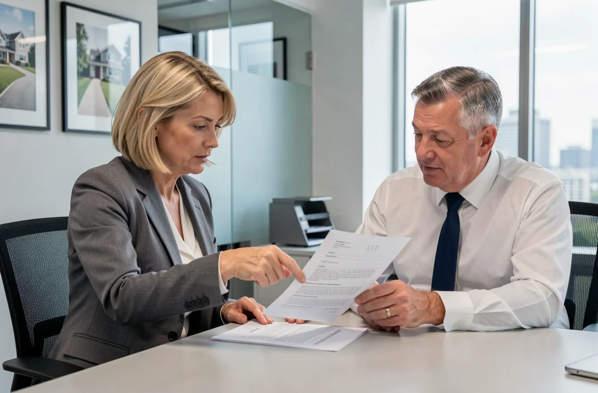 Femme discutant d'un contrat immobilier avec un agent dans un bureau professionnel moderne