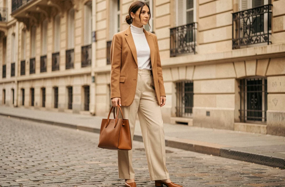 Femme élégante en blazer camel oversize et pantalon large ecru dans une rue parisienne pavée, look tendance automne-hiver