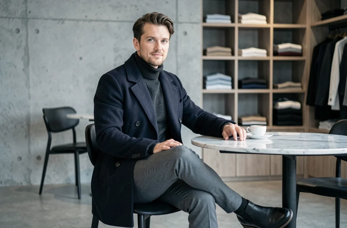 Homme stylé en manteau marine double boutonnage assis dans un café minimaliste au style scandinave, tendances mode masculine