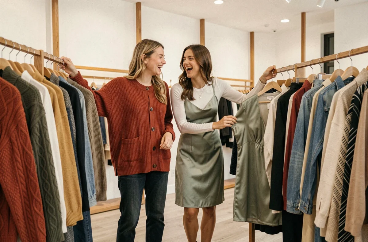 Deux femmes souriantes faisant du shopping dans une boutique de mode contemporaine, parcourant des vêtements tendance de saison