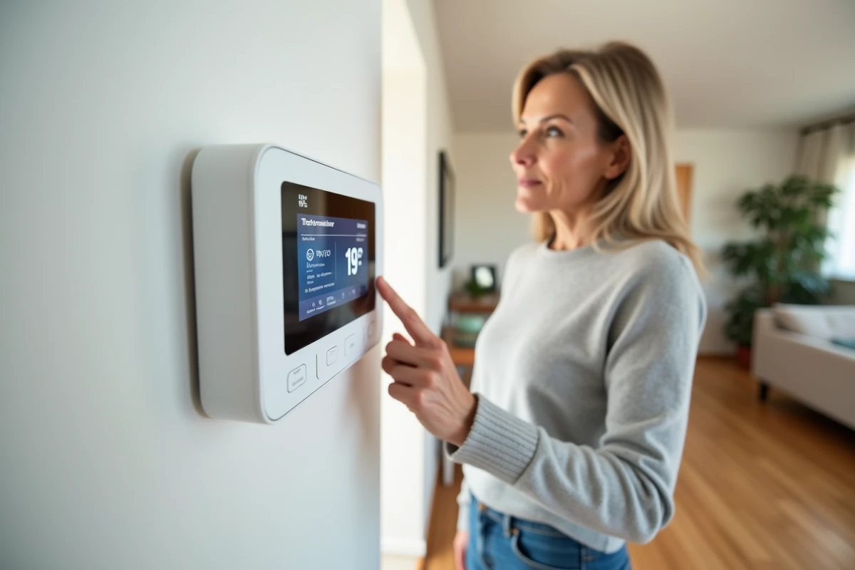 Femme réglant un thermostat programmable mural pour réduire la facture de chauffage