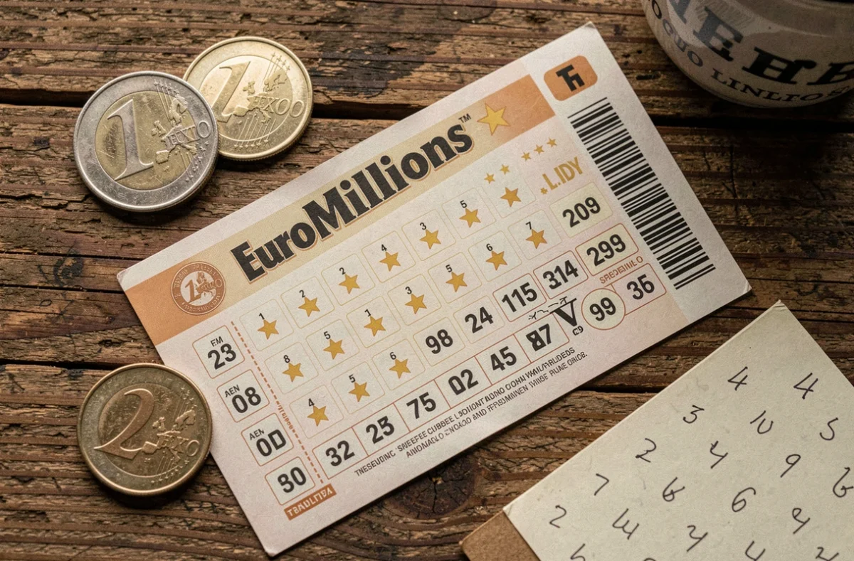 Ticket EuroMillions avec deux étoiles posé sur une table en bois avec des pièces en euros