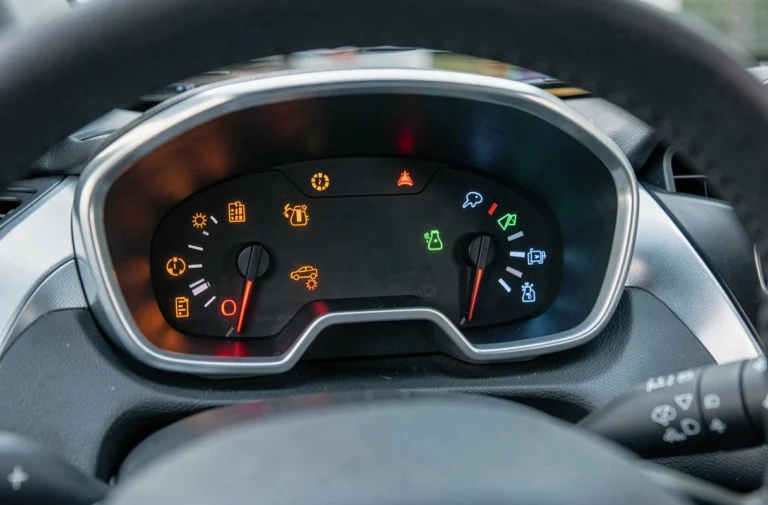 Gros plan sur le tableau de bord d'une Peugeot 208 avec plusieurs voyants lumineux allumés en orange, rouge et vert